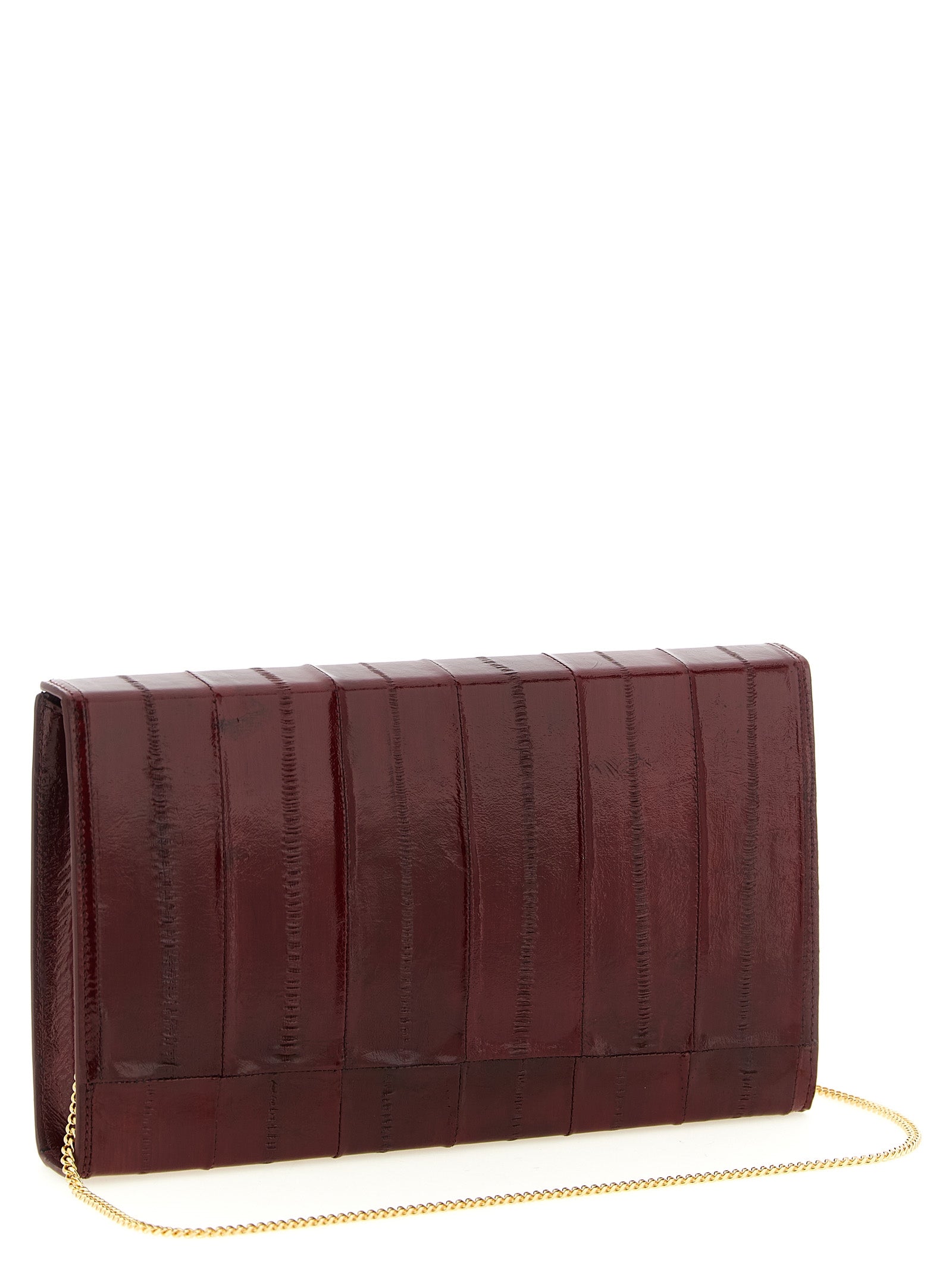 Sac clutch en cuir bordeaux Giuseppe Zanotti, élégant et sophistiqué, avec détails métalliques et fermeture raffinée.