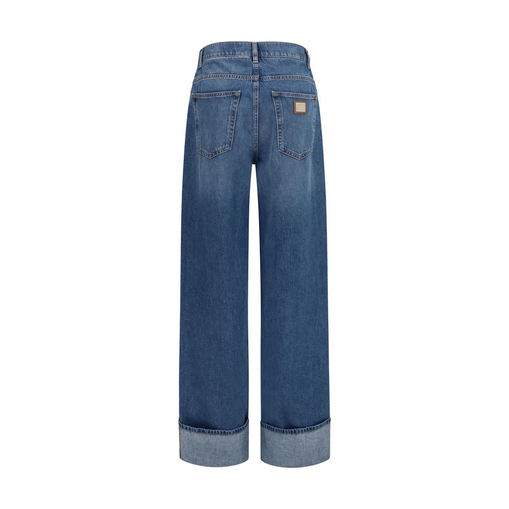 Jeans droits en coton bleu Dolce & Gabbana pour homme, style classique et confortable, visible avec ceinture et détails de couture.