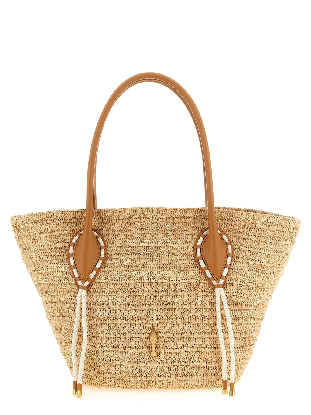 Sac à main Christian Louboutin en raffia beige avec poignées en cuir, élégant et tendance pour l'été.
