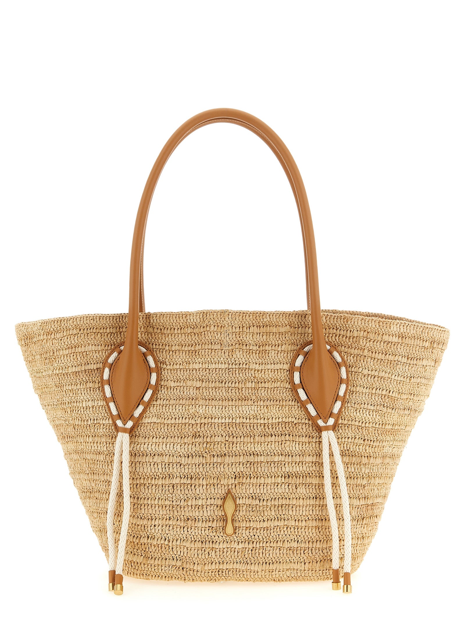 Sac à main Christian Louboutin en raffia beige avec poignées en cuir, élégant et tendance pour l'été.