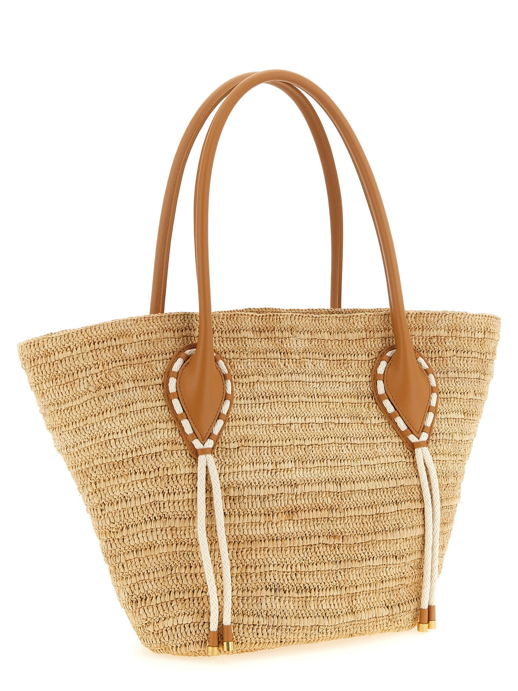 Sac à main Christian Louboutin en raffia beige avec poignées et détails élégants, vue de face.