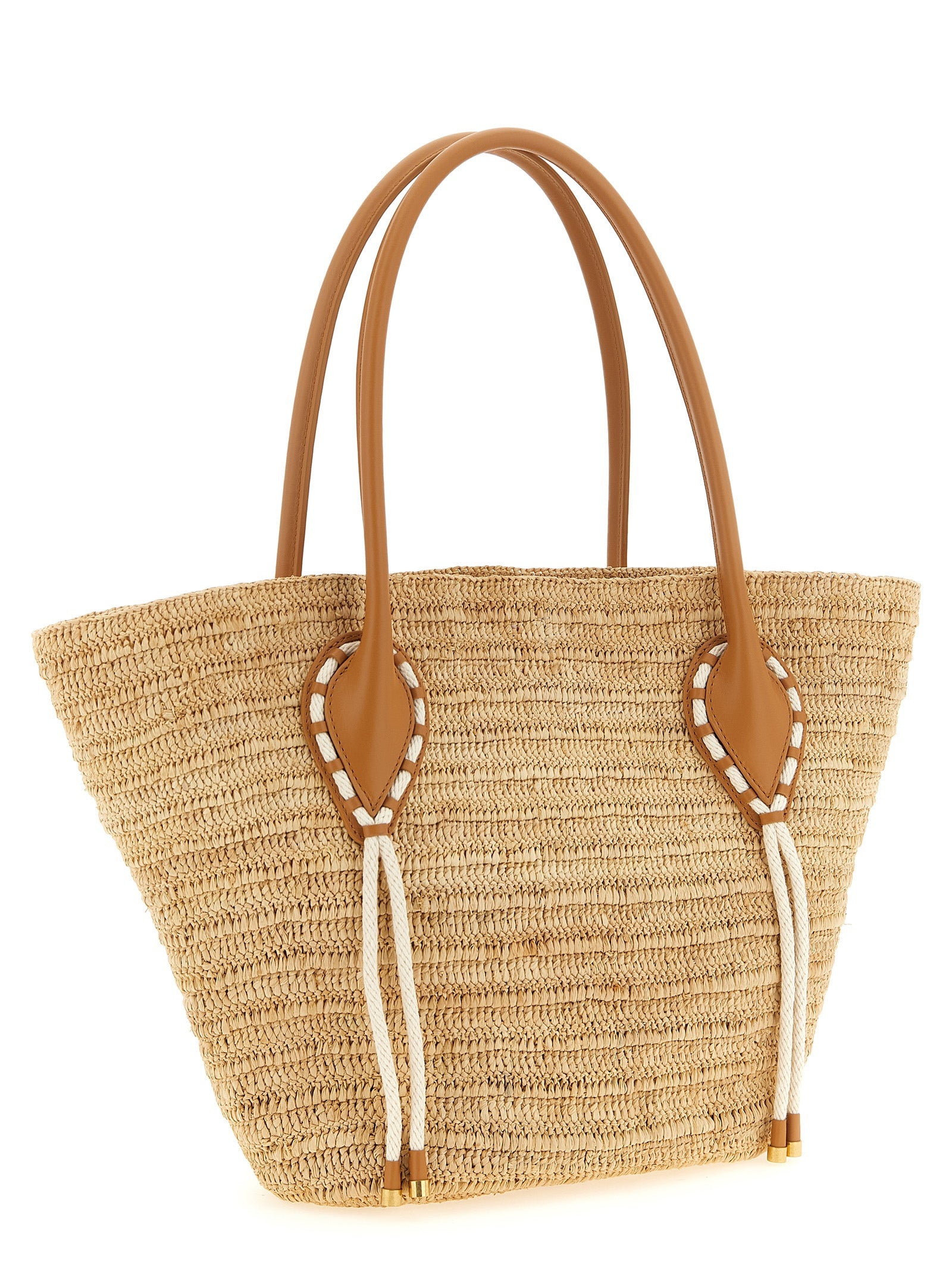 Sac à main Christian Louboutin en raffia beige avec poignées et détails élégants, vue de face.
