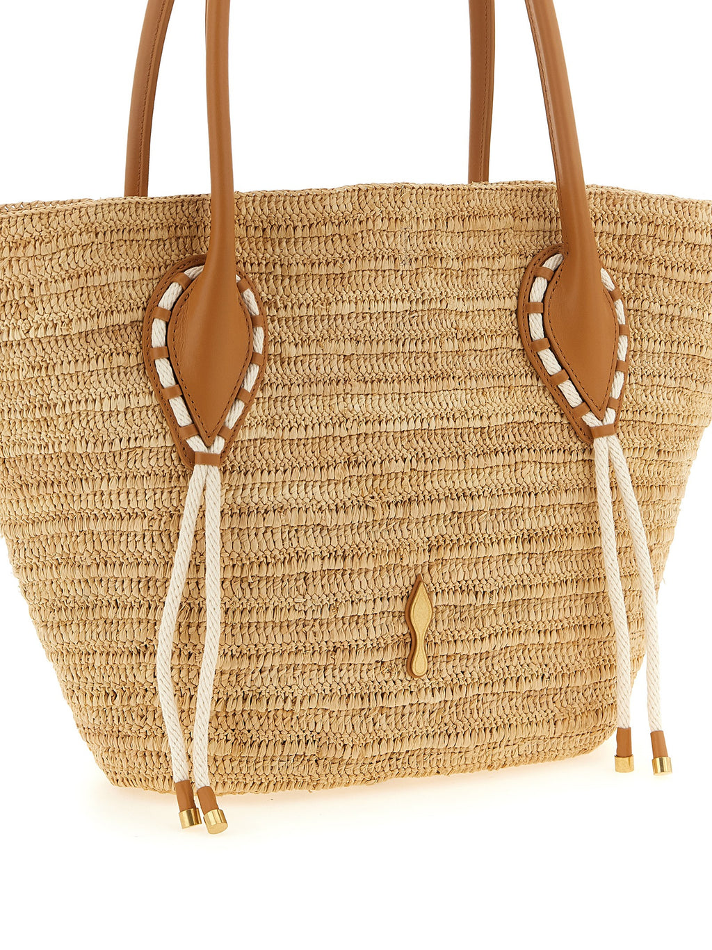 Sac à main Christian Louboutin beige en raffia avec poignées en cuir et détails élégants.