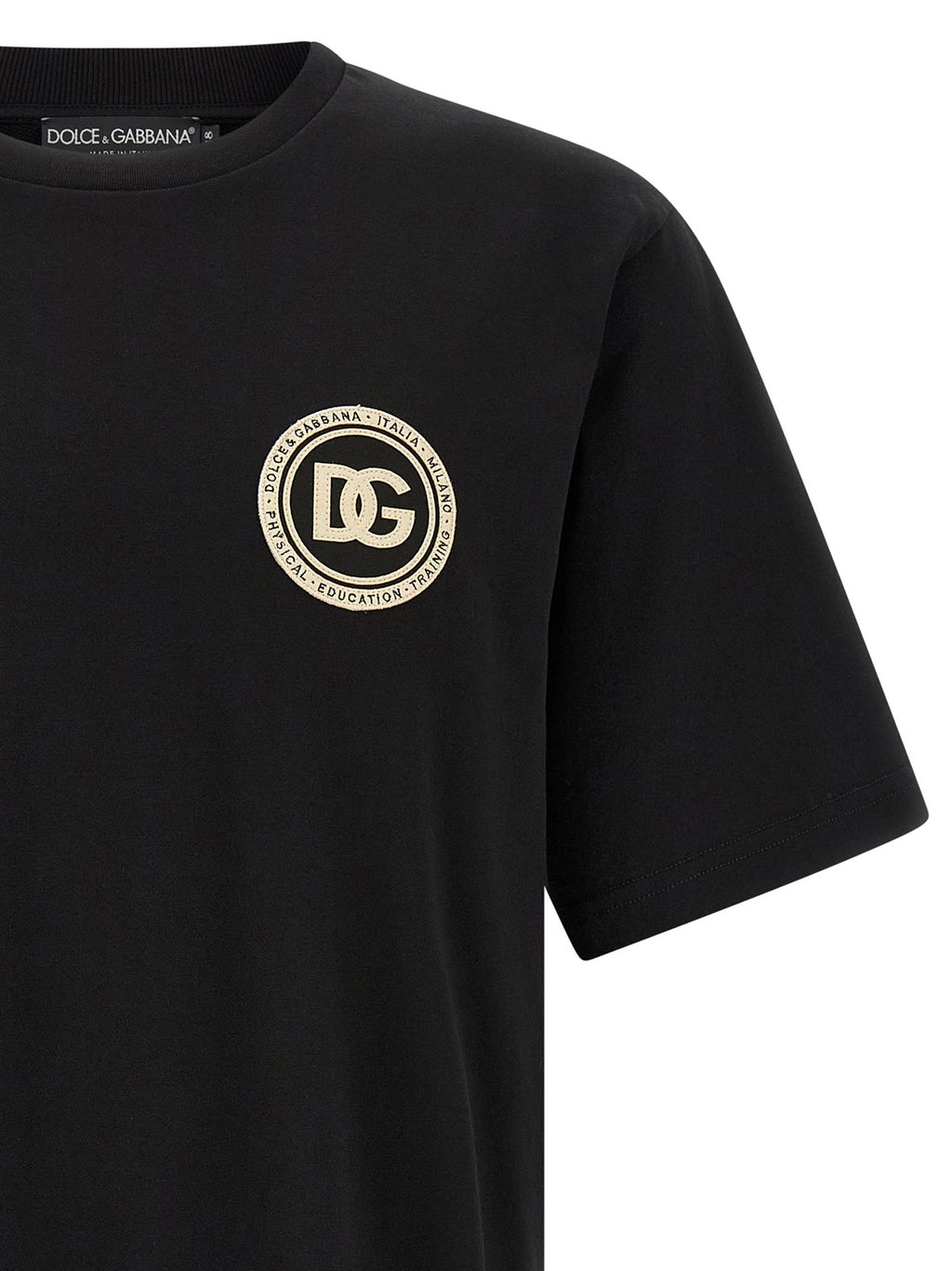 T-shirt en coton noir Dolce & Gabbana, coupe classique avec logo brodé sur la poitrine, vue frontale.