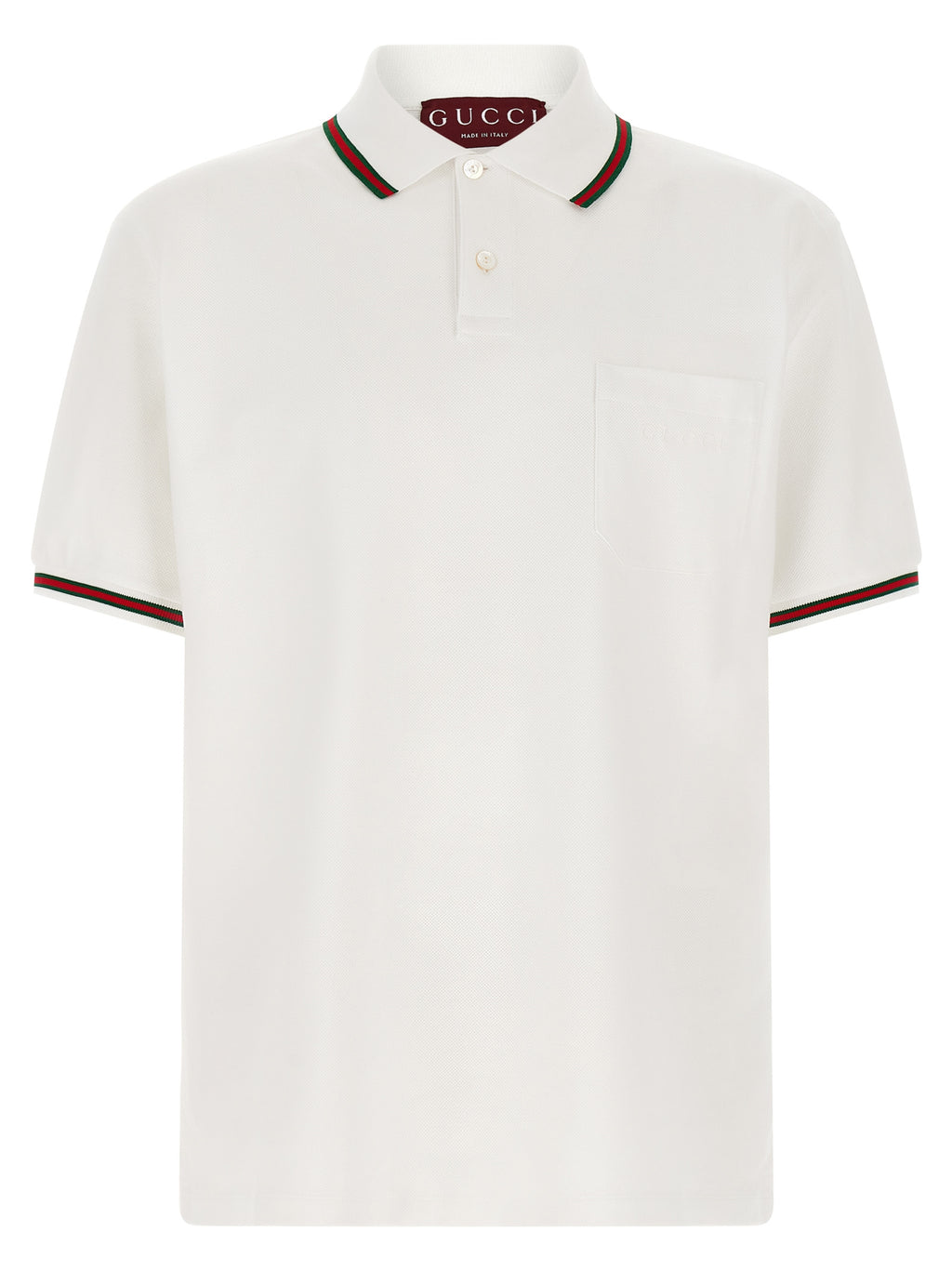 Chemise polo blanche en coton de Gucci, vue de face, avec col et boutons visibles.