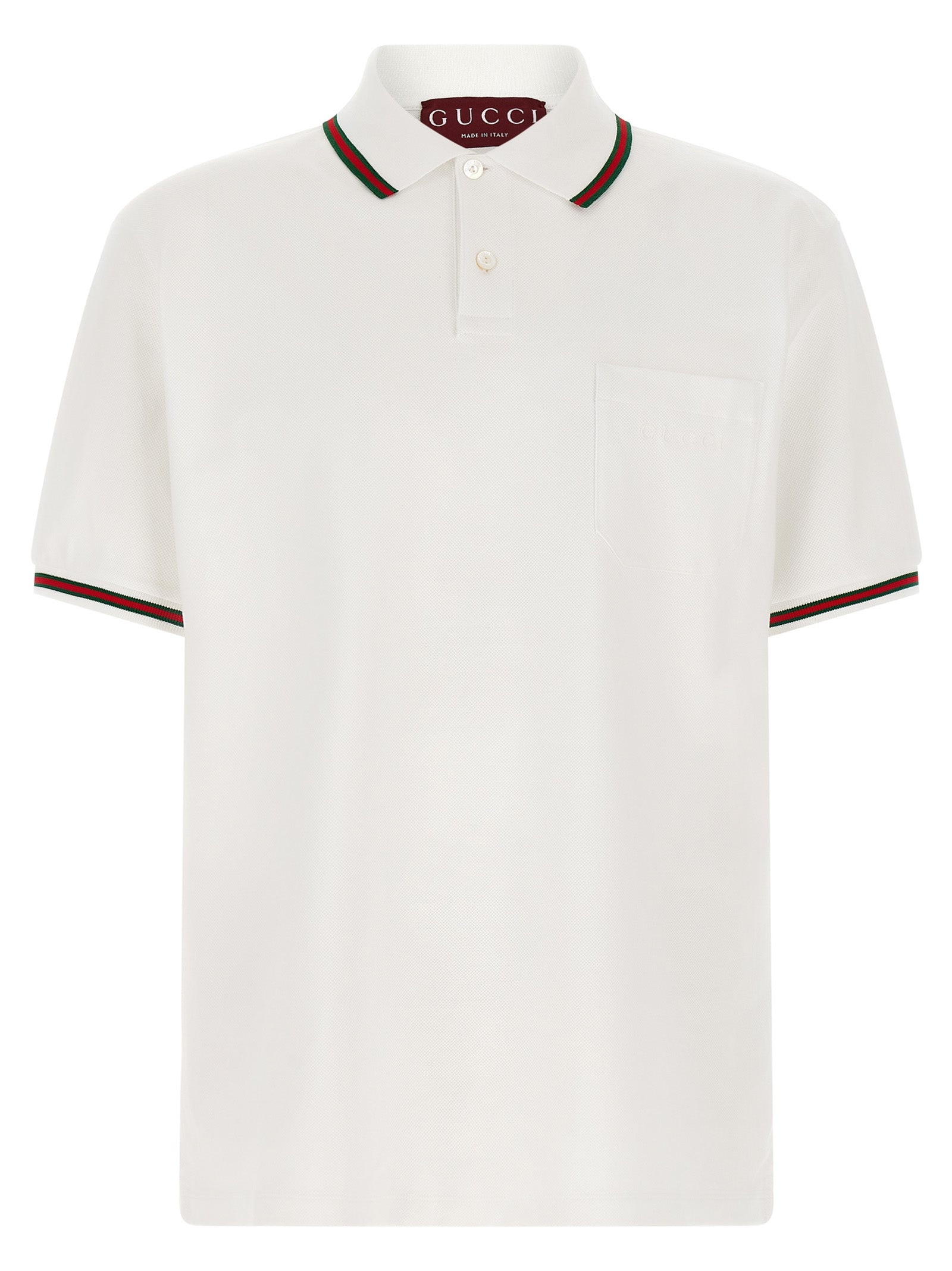 Chemise polo blanche en coton de Gucci, vue de face, avec col et boutons visibles.