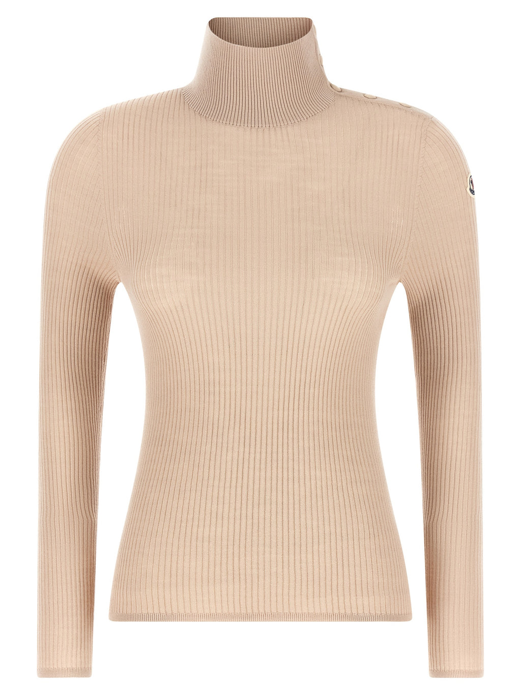 Cardigan beige en laine vierge de la marque Moncler, douceur et élégance pour un look chaud et sophistiqué.