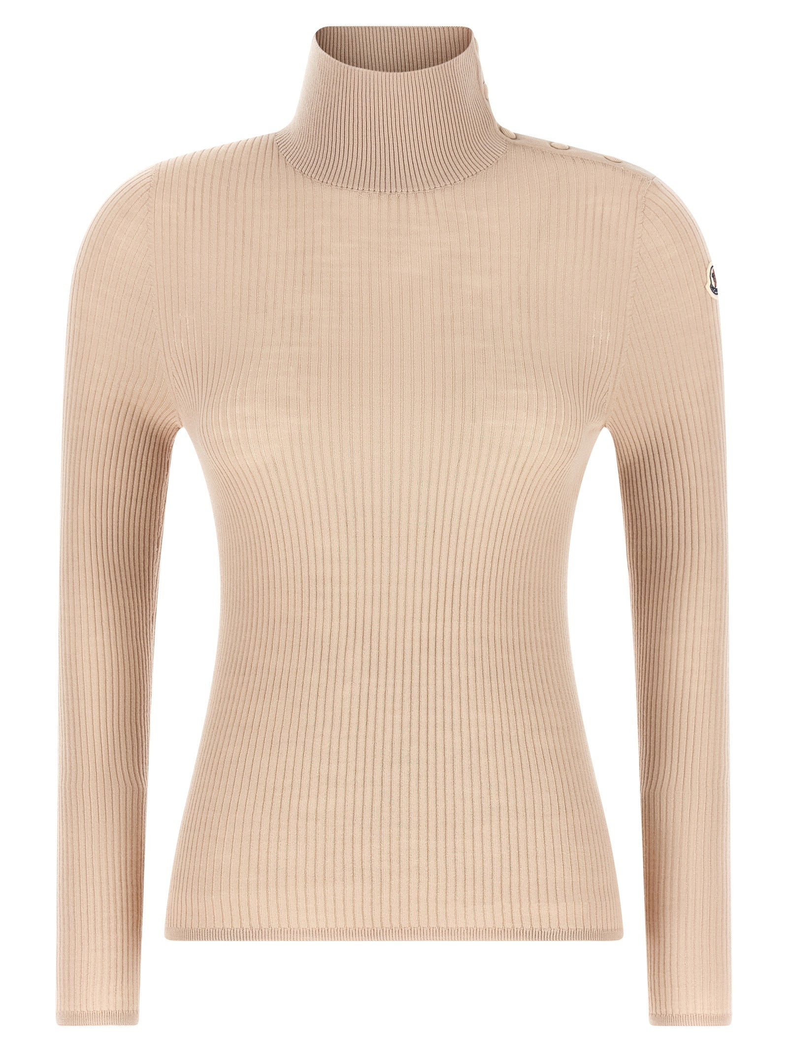 Cardigan beige en laine vierge de la marque Moncler, douceur et élégance pour un look chaud et sophistiqué.