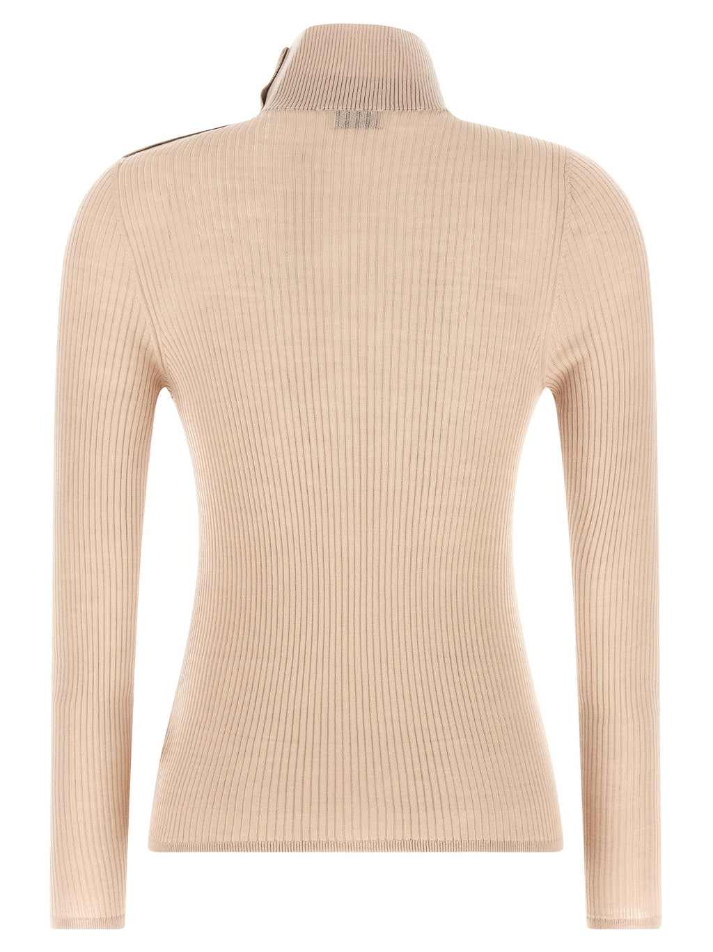 Cardigan beige en laine vierge Moncler, à manches longues et col en V, porté sur un mannequin.