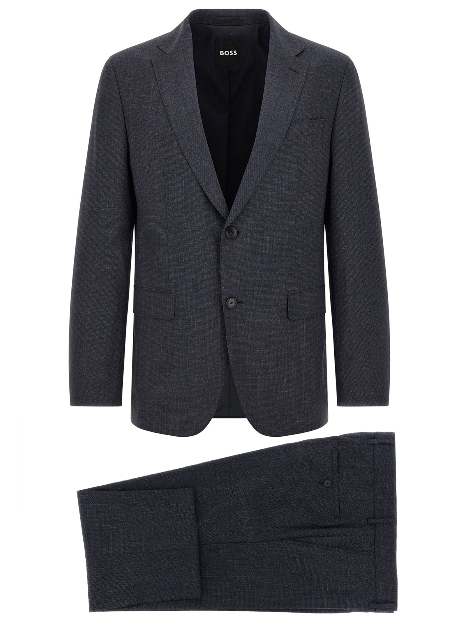 Costume deux pièces en polyester bleu de Hugo Boss, veste et pantalon élégants pour homme.