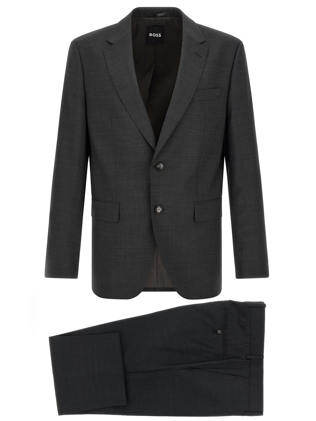 Costume deux pièces en laine vierge grise de Hugo Boss, veste et pantalon élégants pour homme.