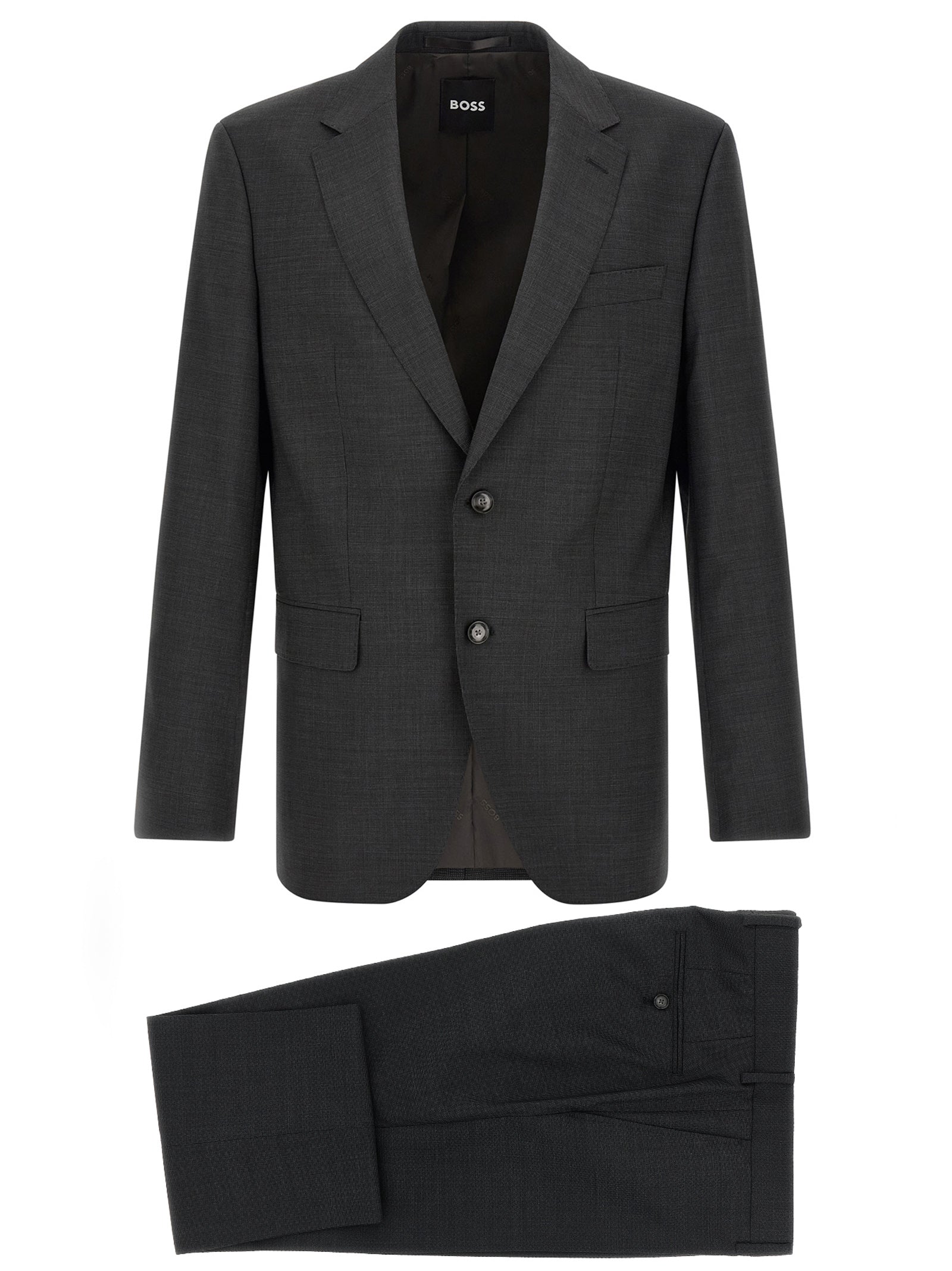 Costume deux pièces en laine vierge grise de Hugo Boss, veste et pantalon élégants pour homme.