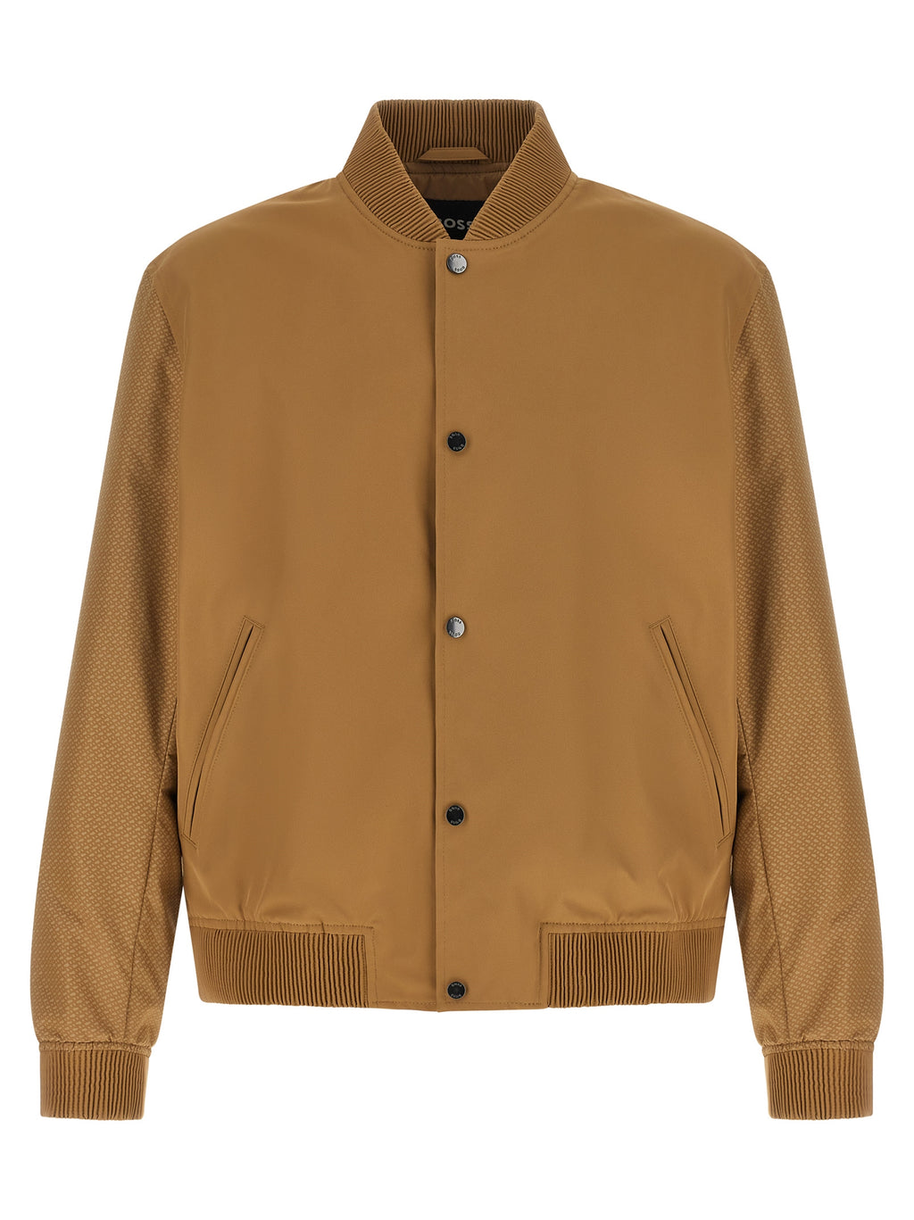 Veste bomber beige en polyester de Hugo Boss, vue de face, avec col côtelé et fermeture éclair visible.