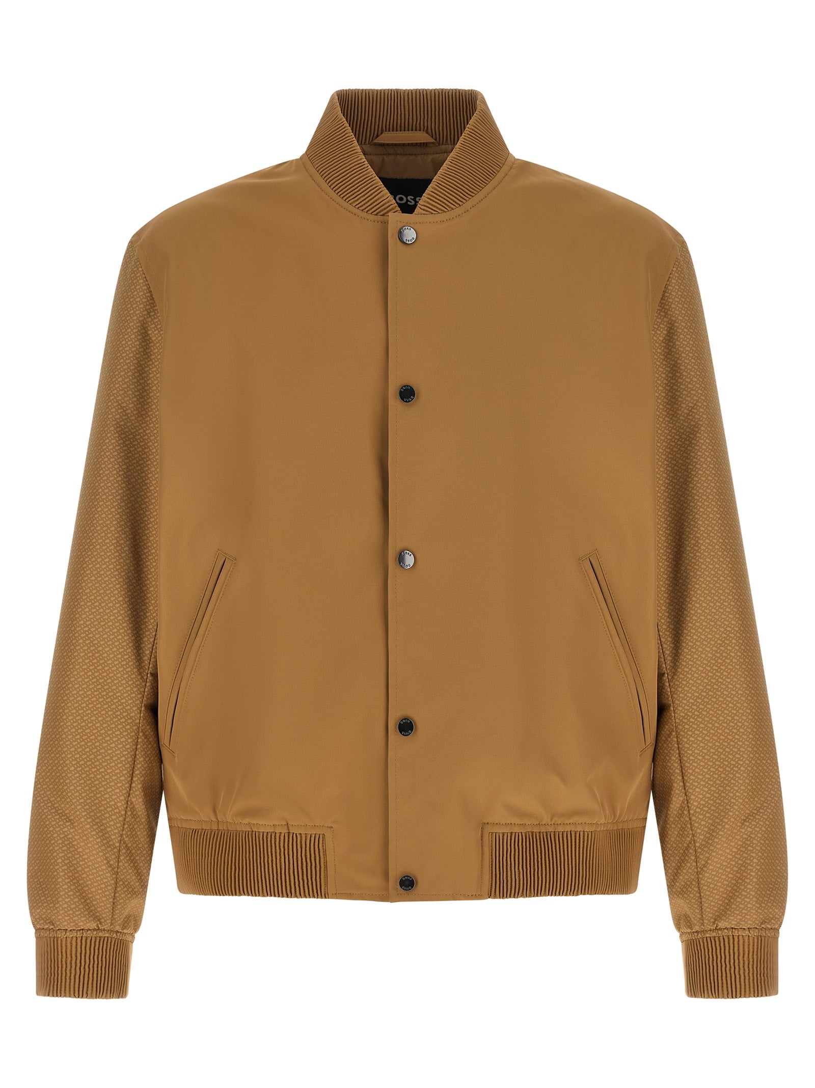 Veste bomber beige en polyester de Hugo Boss, vue de face, avec col côtelé et fermeture éclair visible.