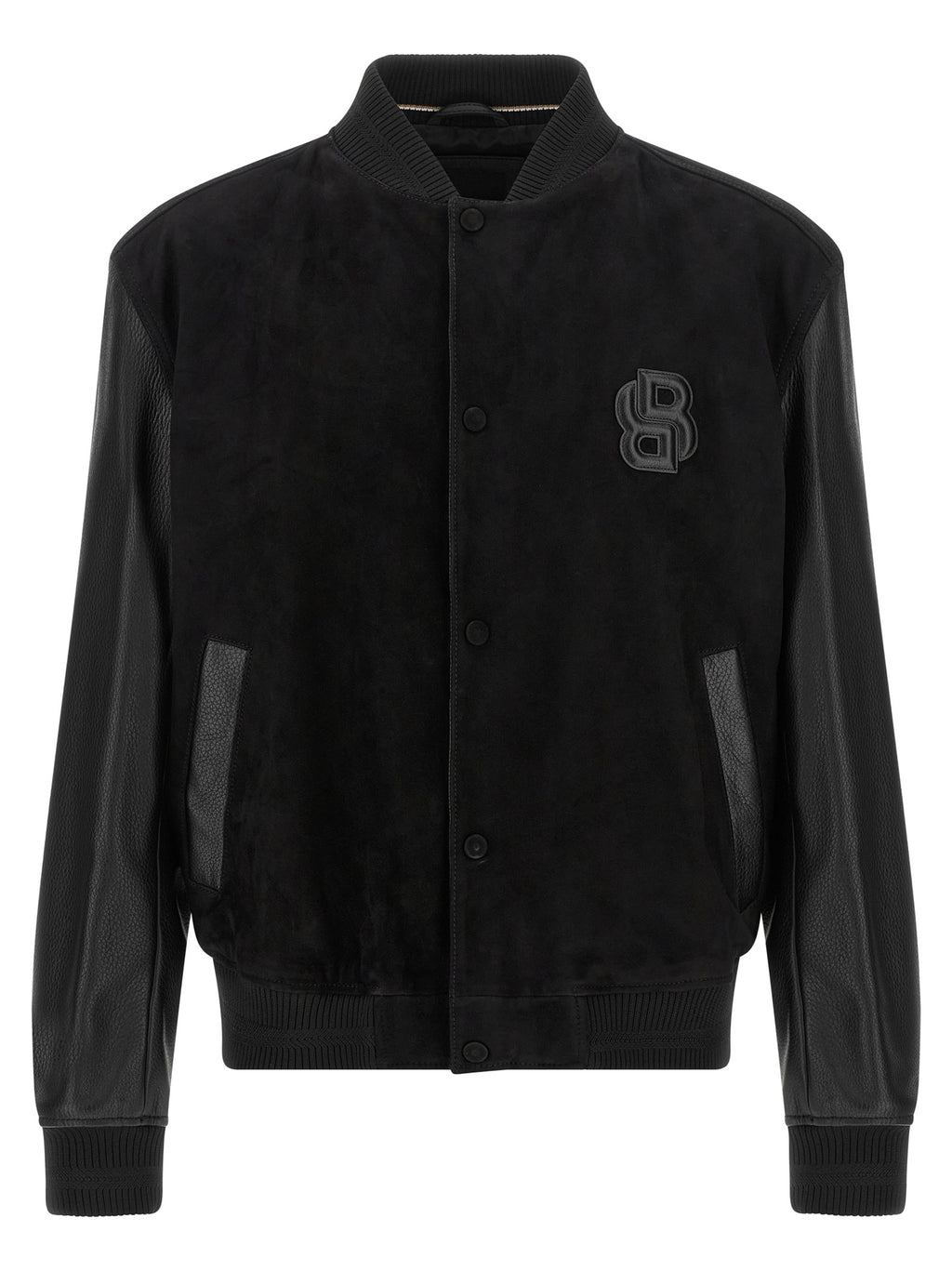 Veste bomber noire en polyester de la marque Hugo Boss, vue de face avec fermeture éclair et col côtelé.