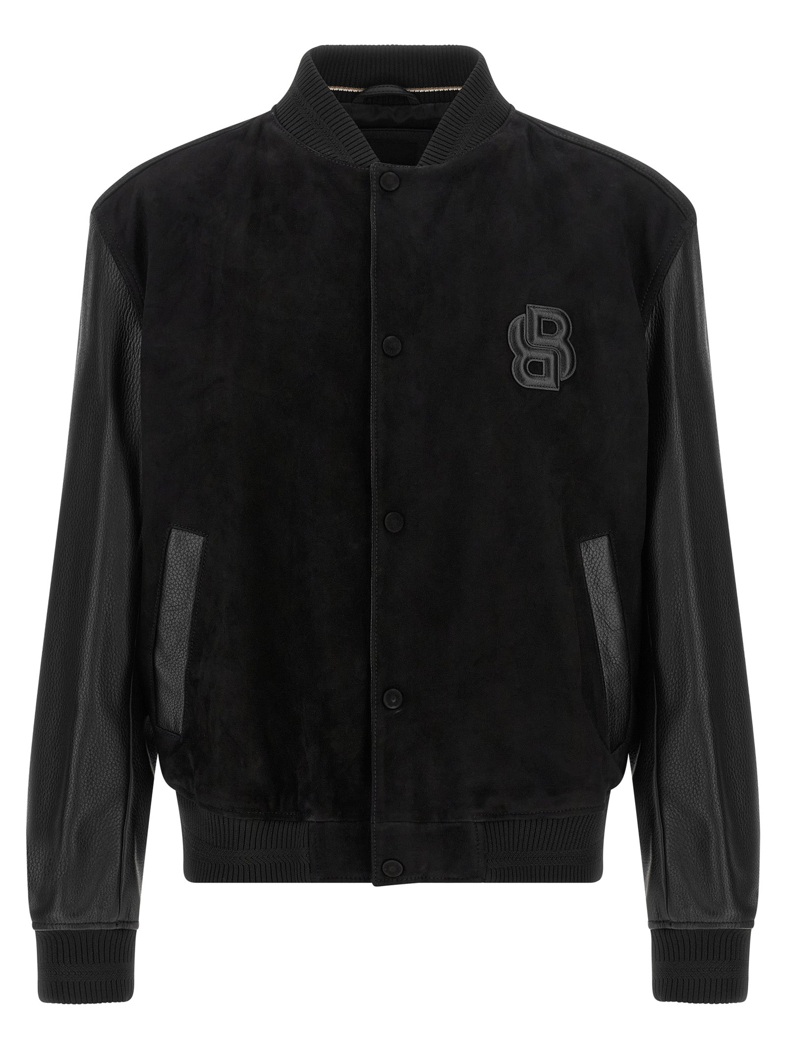 Veste bomber noire en polyester de la marque Hugo Boss, vue de face avec fermeture éclair et col côtelé.