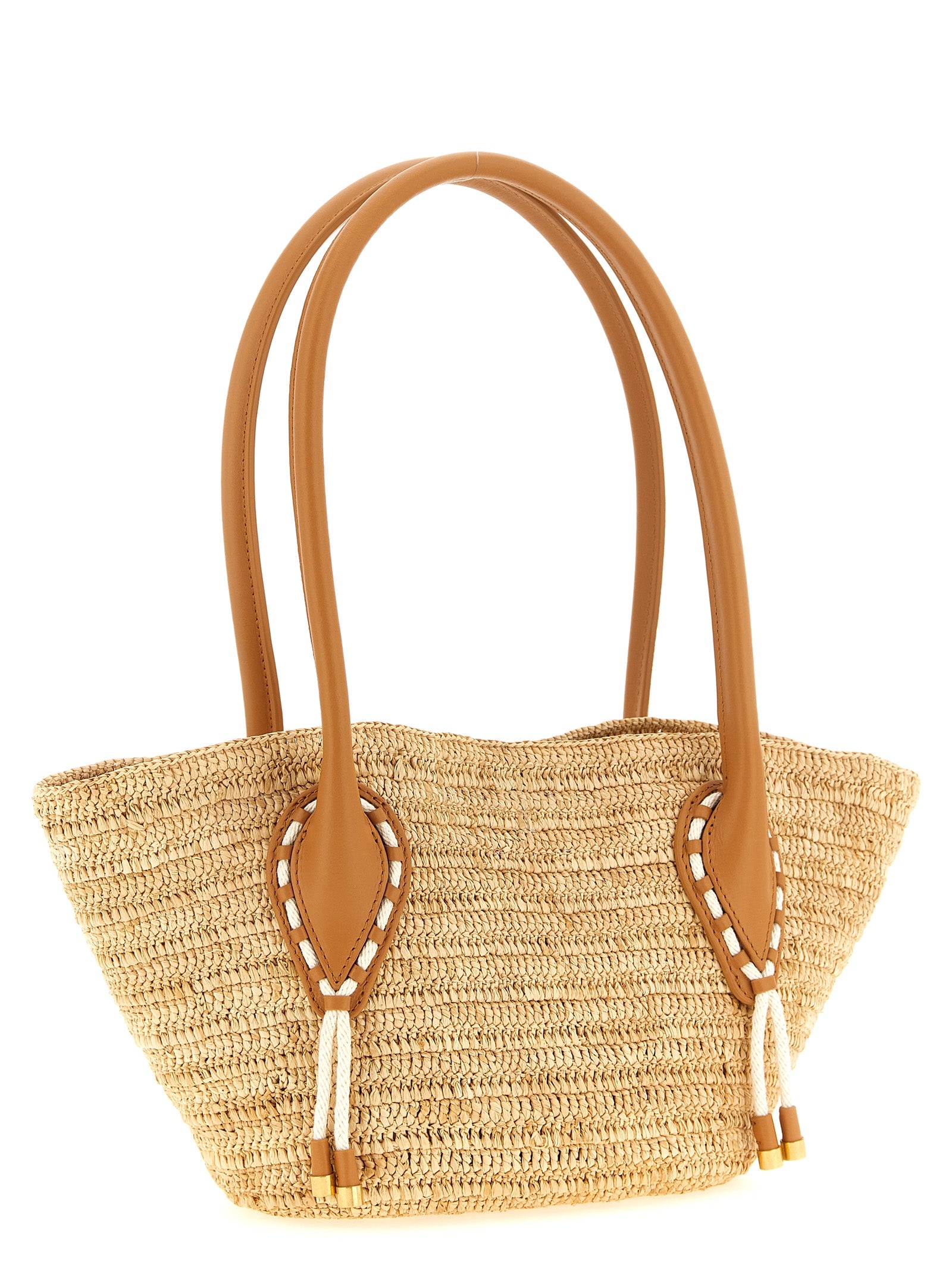Sac à main Christian Louboutin en raffia beige avec poignées en cuir, idéal pour un style élégant et décontracté.