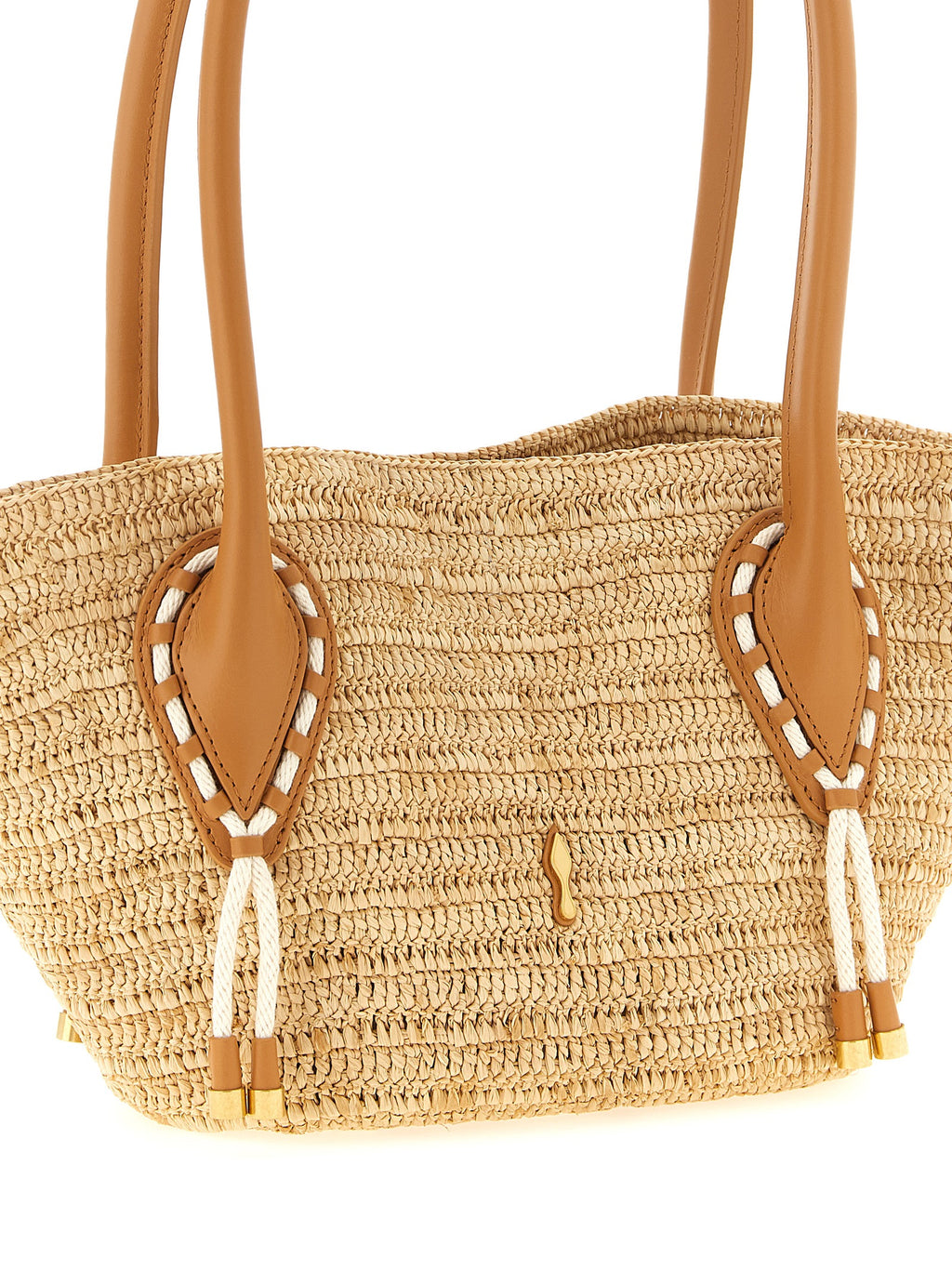 Sac à main Christian Louboutin en raffia beige avec poignées en cuir, élégant sac tote pour femmes.