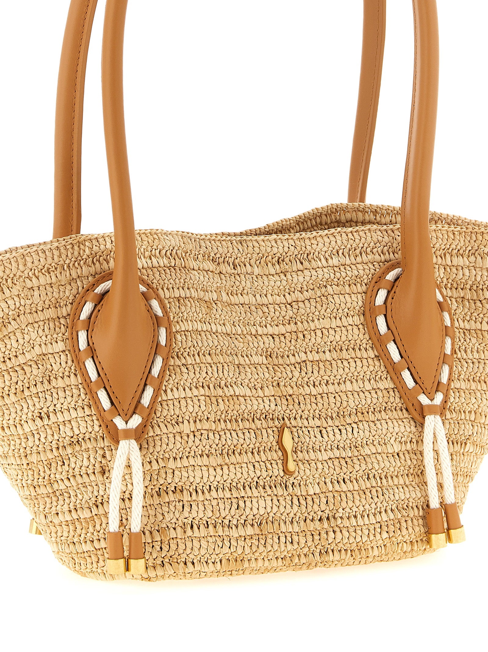 Sac à main Christian Louboutin en raffia beige avec poignées en cuir, élégant sac tote pour femmes.