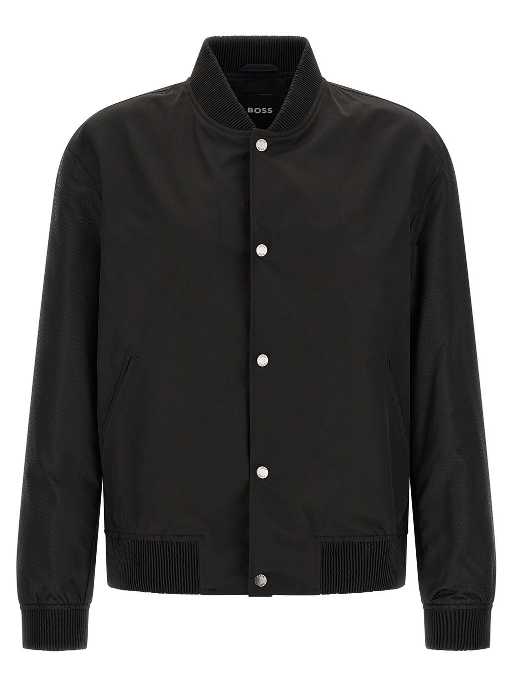 Veste bomber noire en polyester de Hugo Boss, coupe moderne avec col ras du cou et manches longues, style élégant et décontracté.