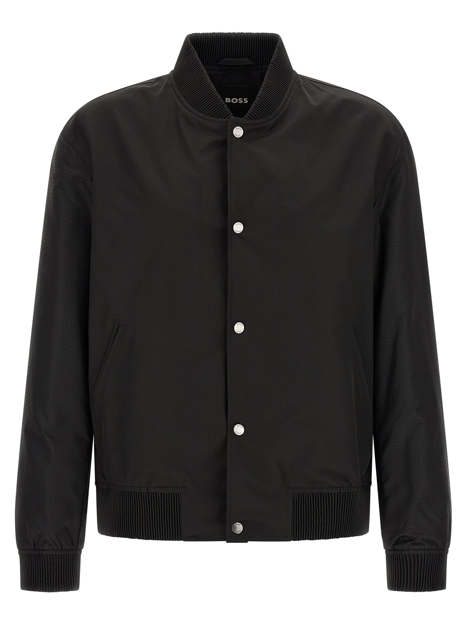 Veste bomber noire en polyester de Hugo Boss, coupe moderne avec col ras du cou et manches longues, style élégant et décontracté.