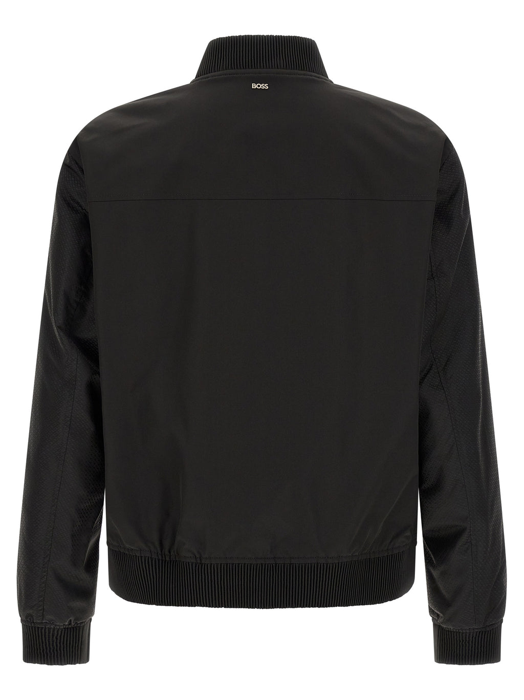 Veste bomber noire en polyester de Hugo Boss, coupe moderne avec col montant et fermeture éclair, vue de face.