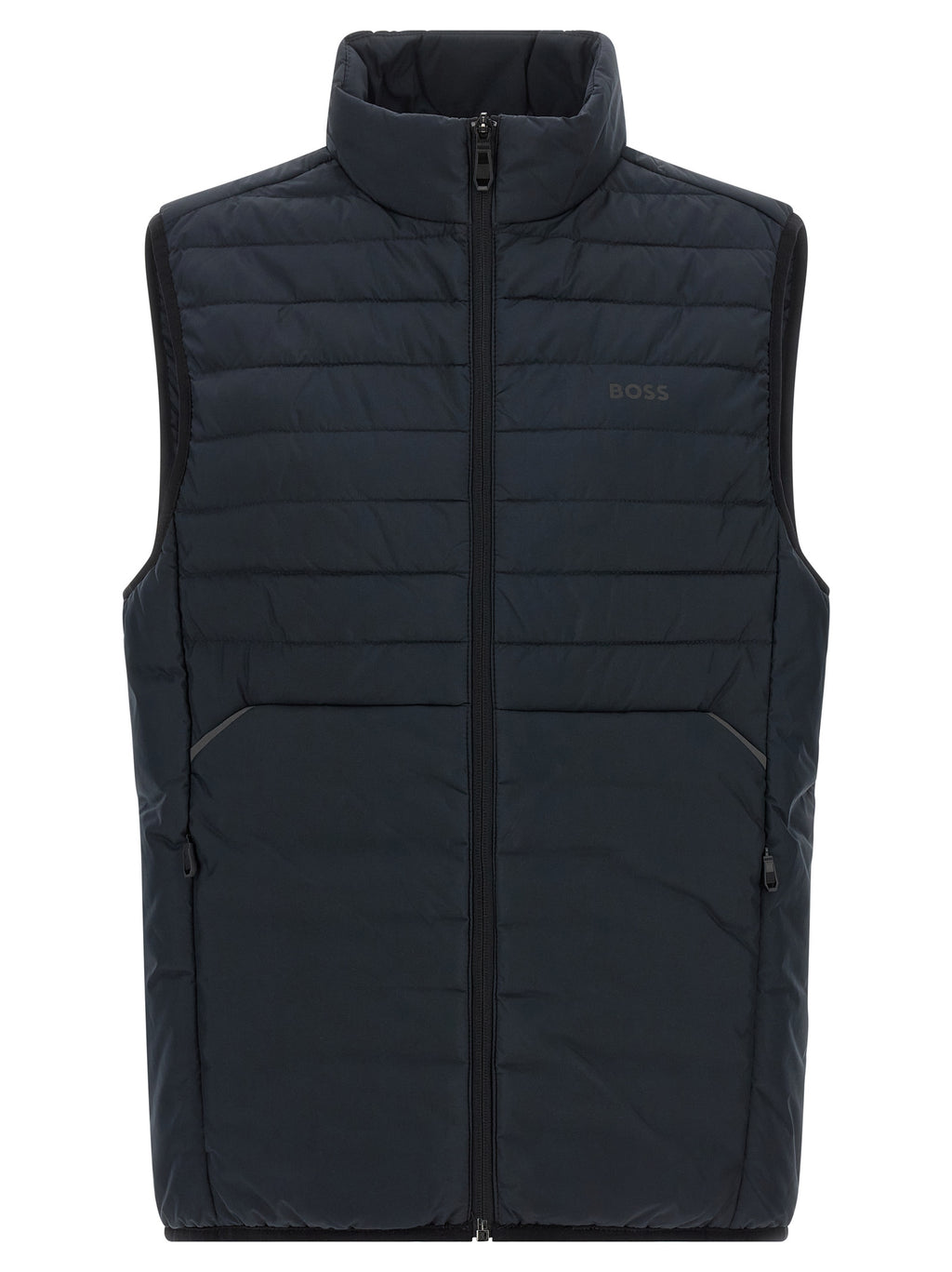 Veste sans manches en polyester bleu de Hugo Boss, style élégant et moderne, visible sur un mannequin.