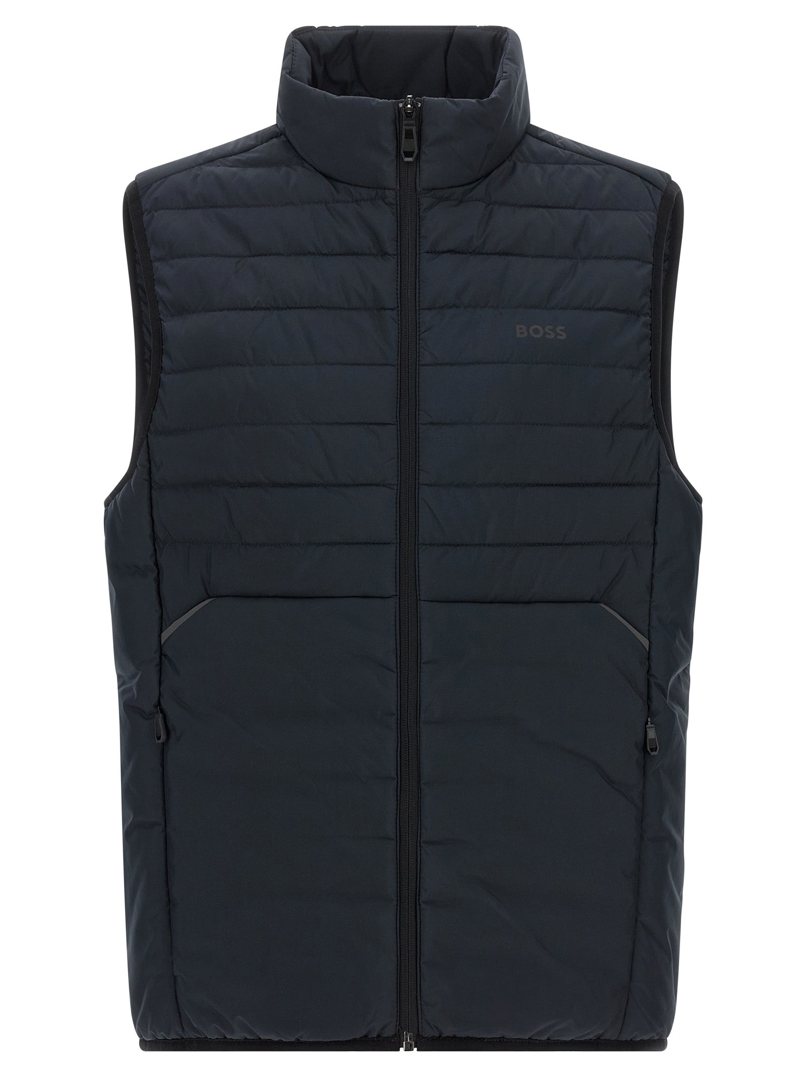 Veste sans manches en polyester bleu de Hugo Boss, style élégant et moderne, visible sur un mannequin.