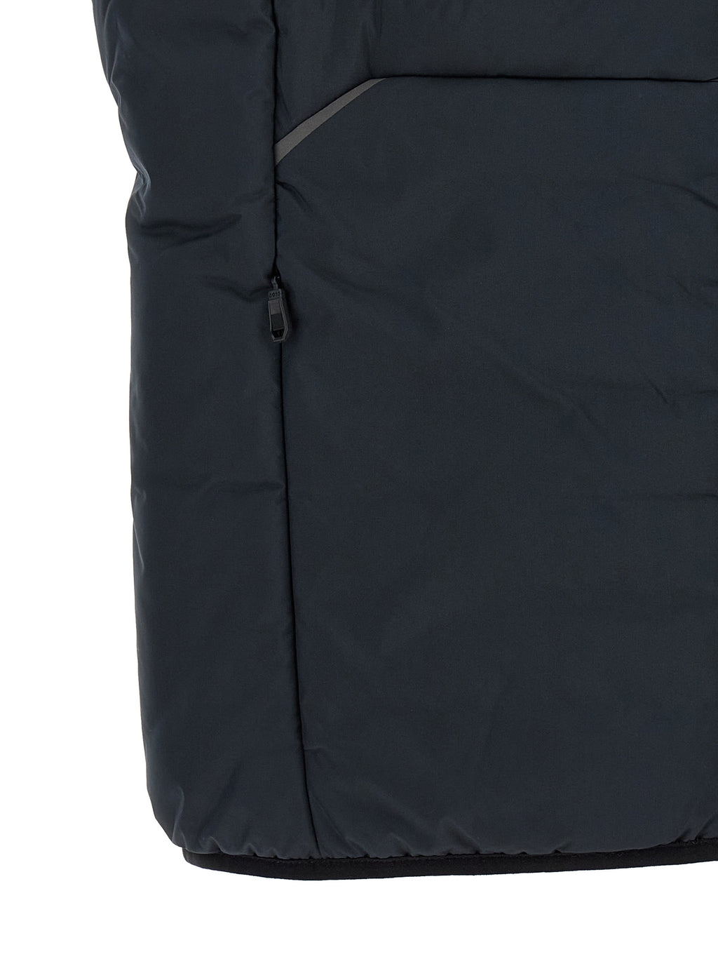 Veste sans manches en polyester bleue de Hugo Boss, vue de face, avec col et fermeture éclair visible.