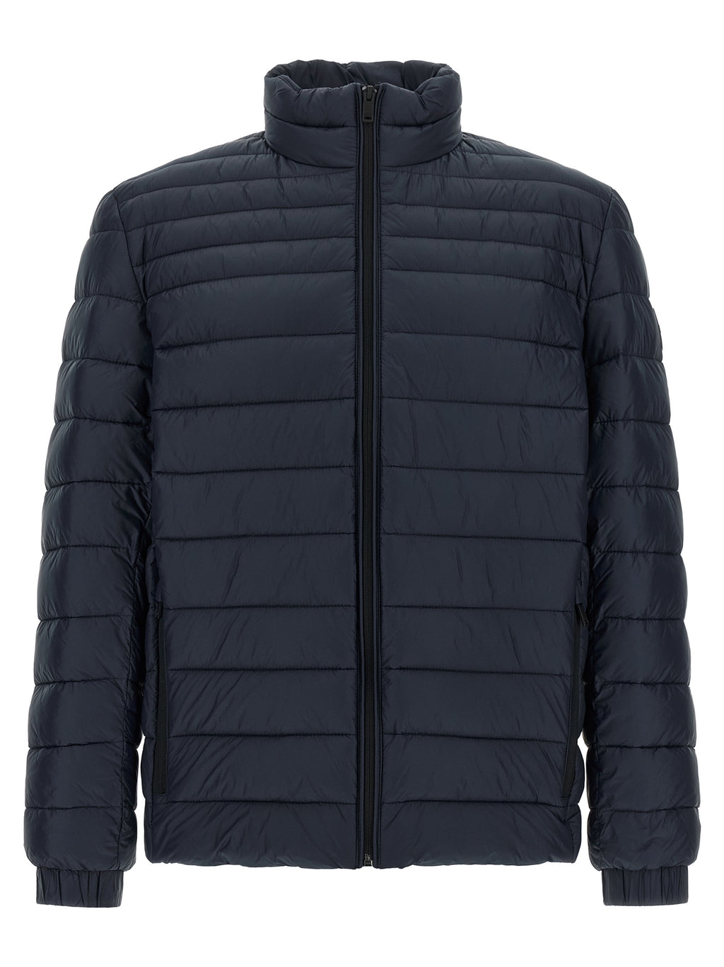 Veste longue en polyamide bleue de Hugo Boss, style moderne et élégante, visible avec fermeture éclair et col montant.