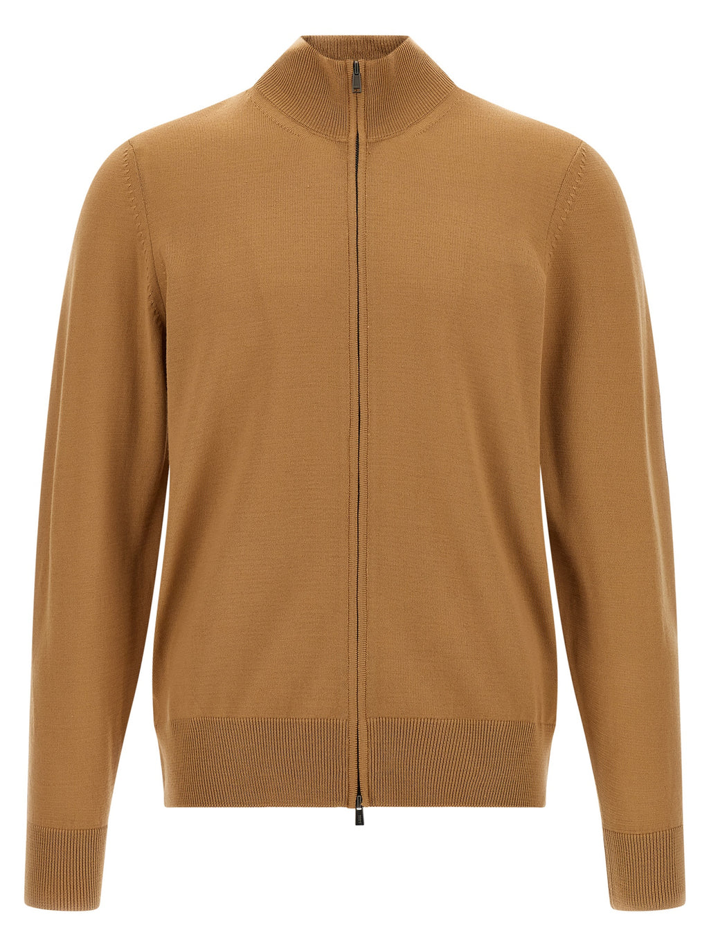 Cardigan en laine vierge marron Hugo Boss, coupe classique, avec boutons, porté sur un mannequin.
