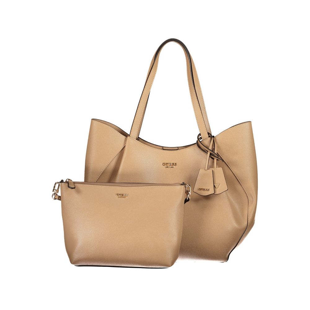 Sac à main Guess Jeans beige en polyuréthane avec poignées d’épaule, élégant et pratique pour femmes.
