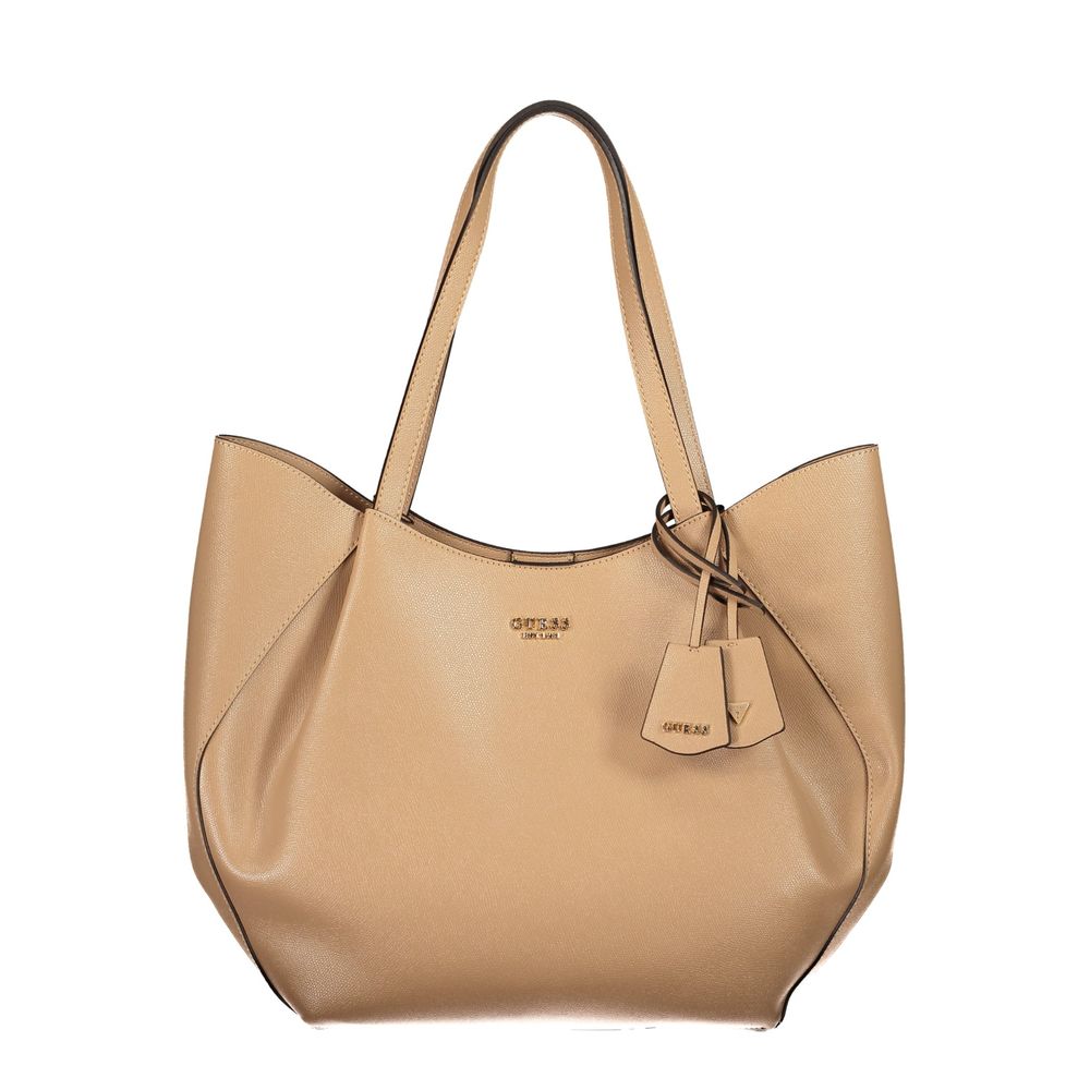 Sac à main Guess Jeans beige en polyuréthane avec poignées d'épaule, sac à main pour femmes, mode élégante et pratique.