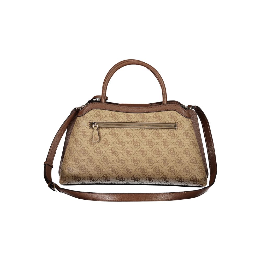 Sac femme Guess Jeans beige en polyuréthane, élégant et pratique, avec bandoulière réglable et détails modernes.