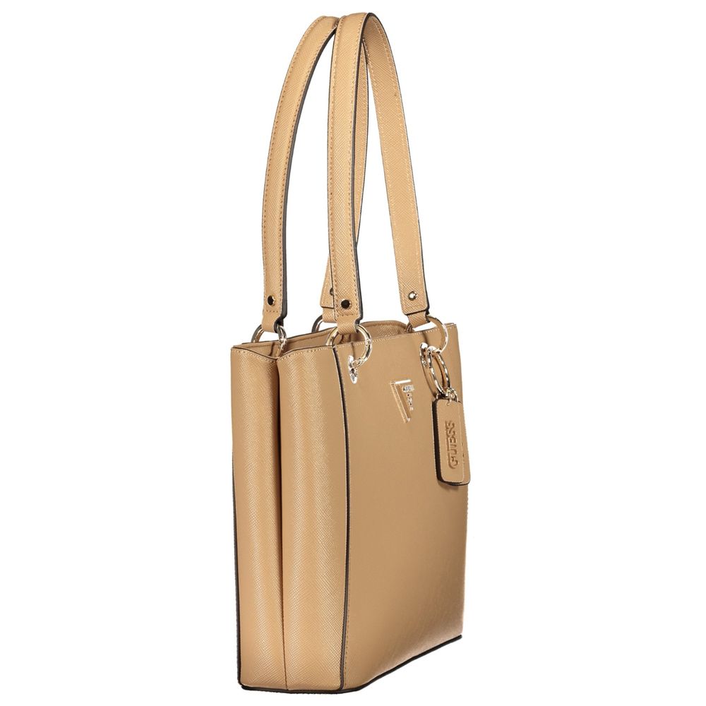 Sac à main beige en poliuréthane Guess Jeans pour femmes, avec poignées et design élégant visible sur l'image.