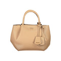 Sac beige en polyuréthane Guess Jeans pour femmes, élégant avec poignées et fermeture zippée visible.