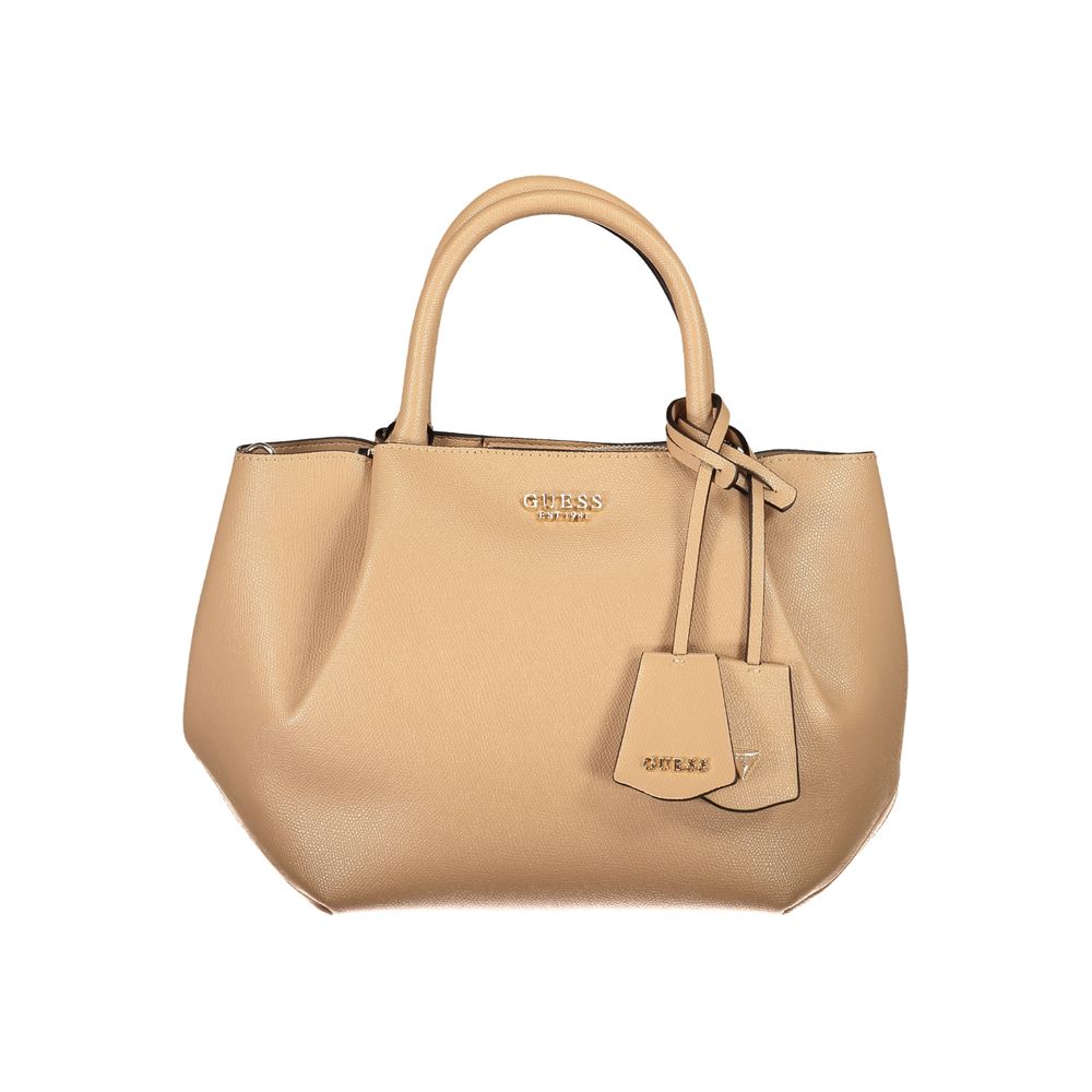 Sac beige en polyuréthane Guess Jeans pour femmes, élégant avec poignées et fermeture zippée visible.