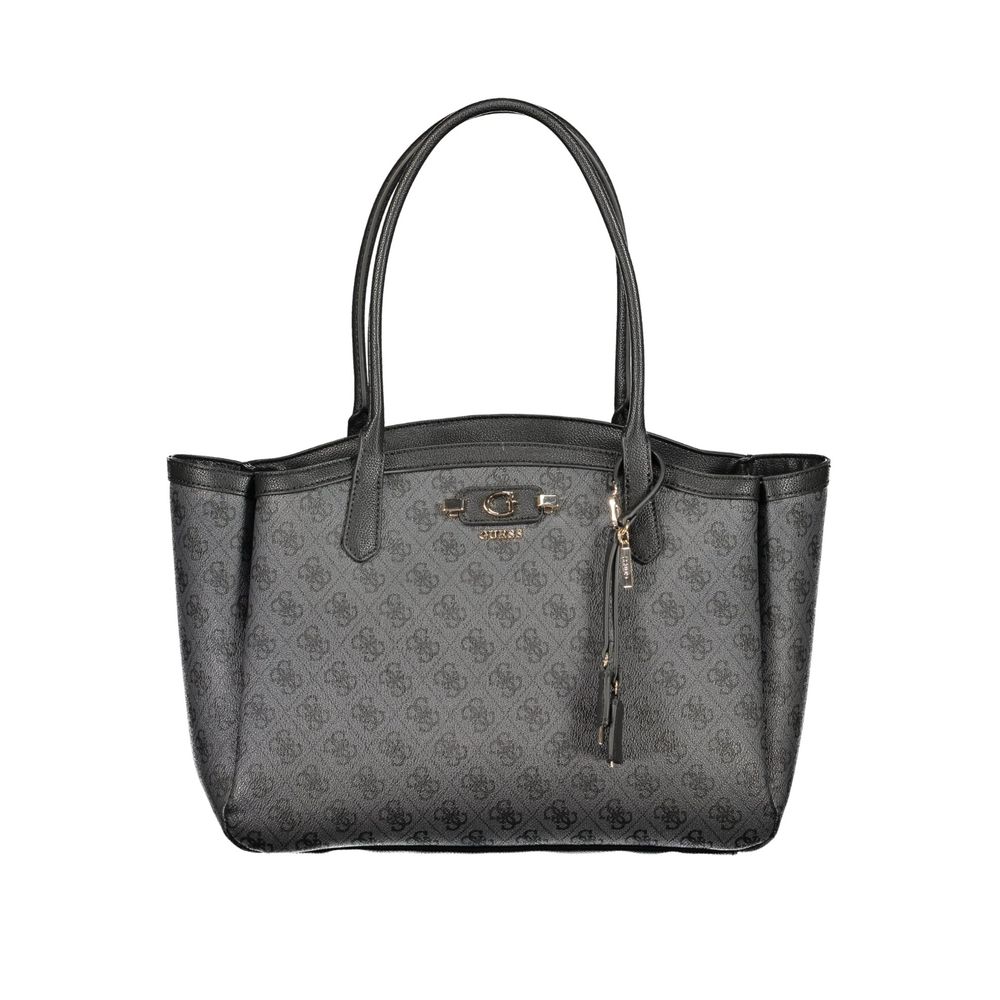 Sac à main noir en polyuréthane Guess Jeans pour femmes, design élégant avec logo Guess visible sur le devant.