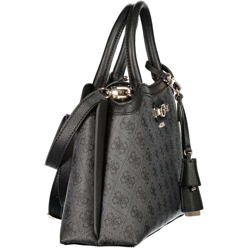 Sac à main noir Guess Jeans en polyuréthane pour femmes, avec poignées et bandoulière ajustable, visible sur l'image.