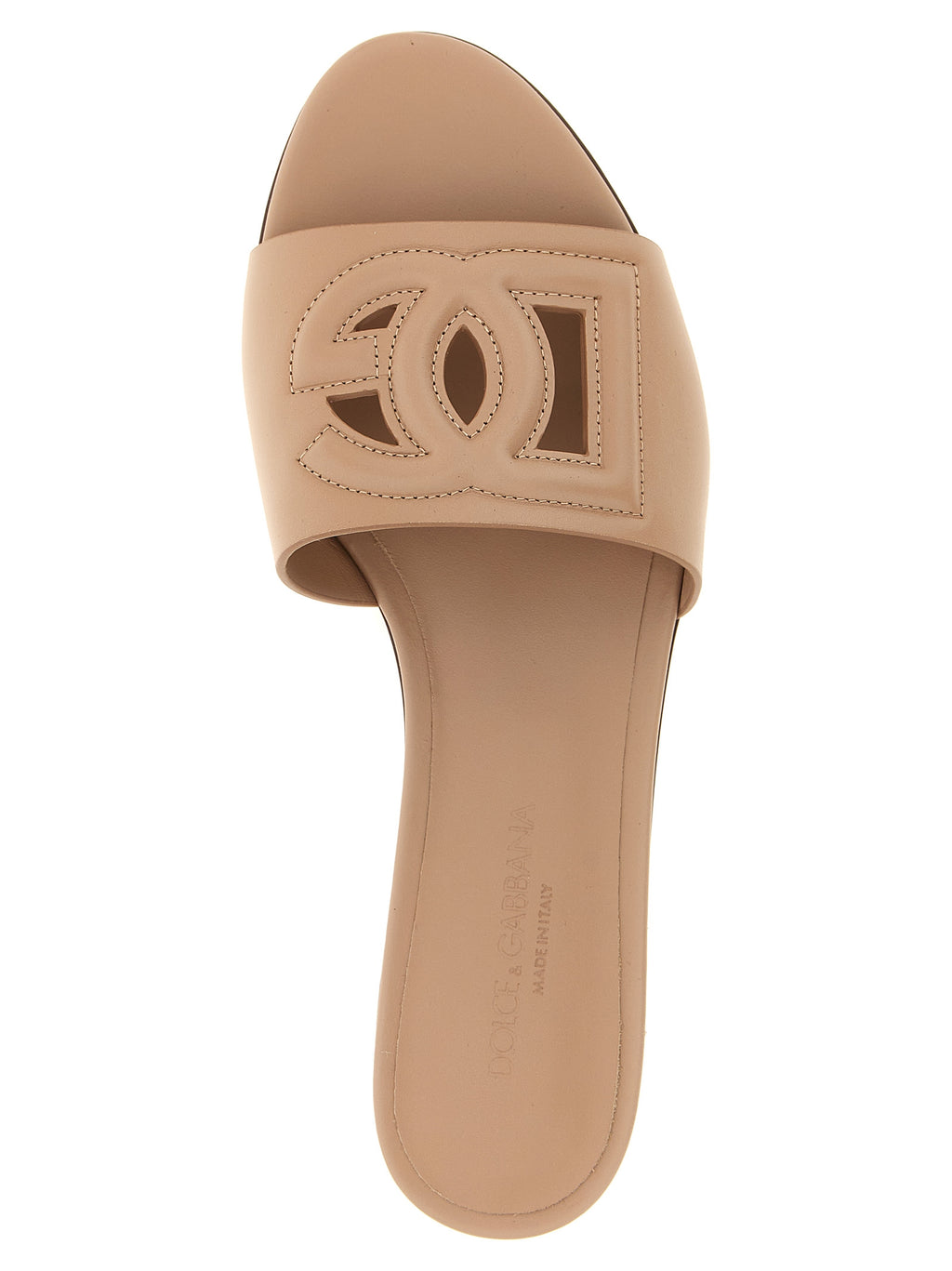 Sandales en cuir de veau beige Dolce & Gabbana, style élégant et sophistiqué, avec semelle confortable visible sur l'image.