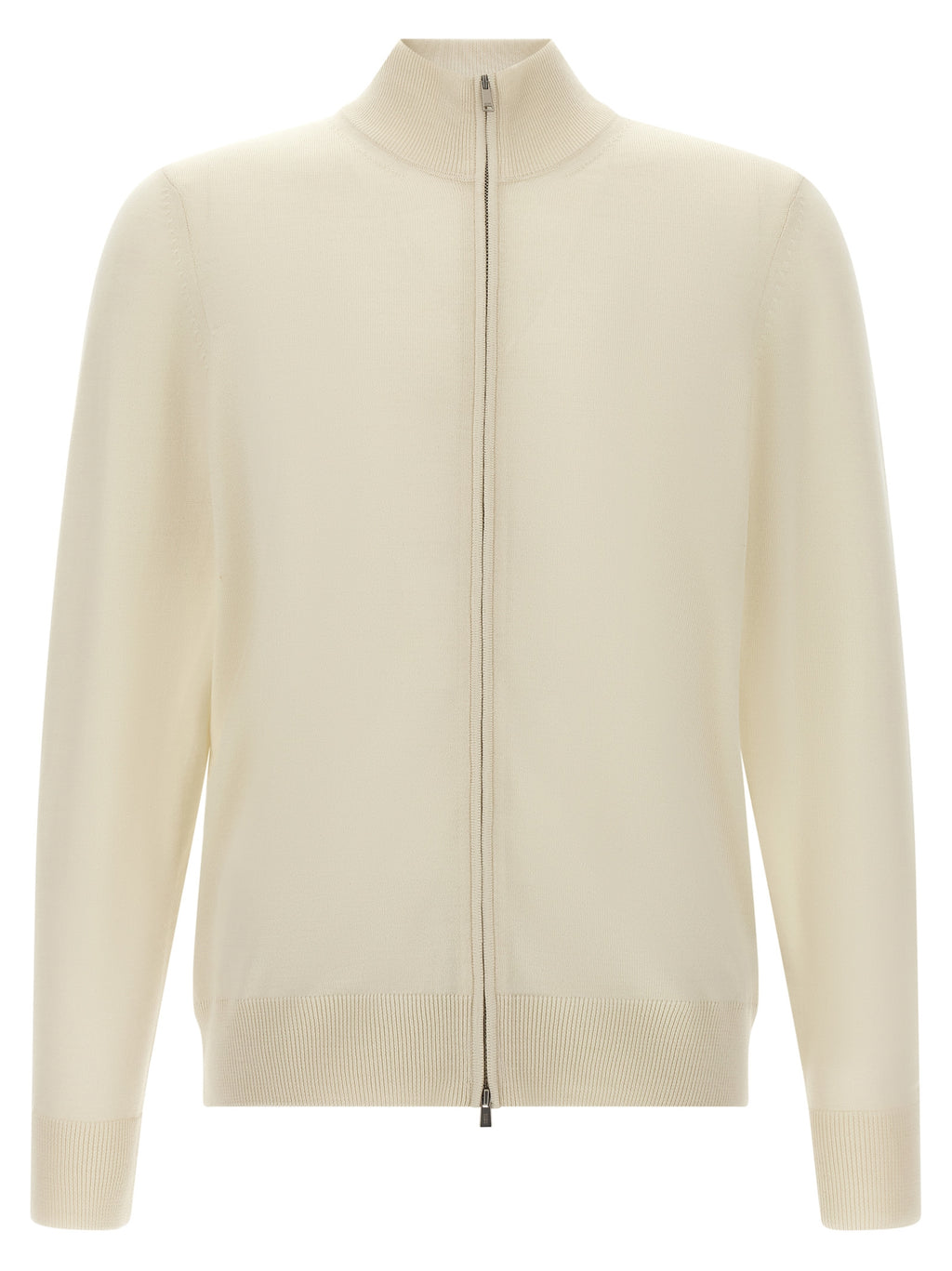 Cardigan en laine vierge blanche de Hugo Boss porté par un mannequin, détail du col et des boutons, mode élégante et sophistiquée.