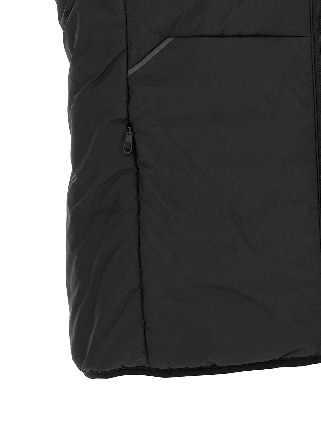 Veste sans manches en polyester noir de Hugo Boss, vue de face, avec col et fermeture éclair visible.