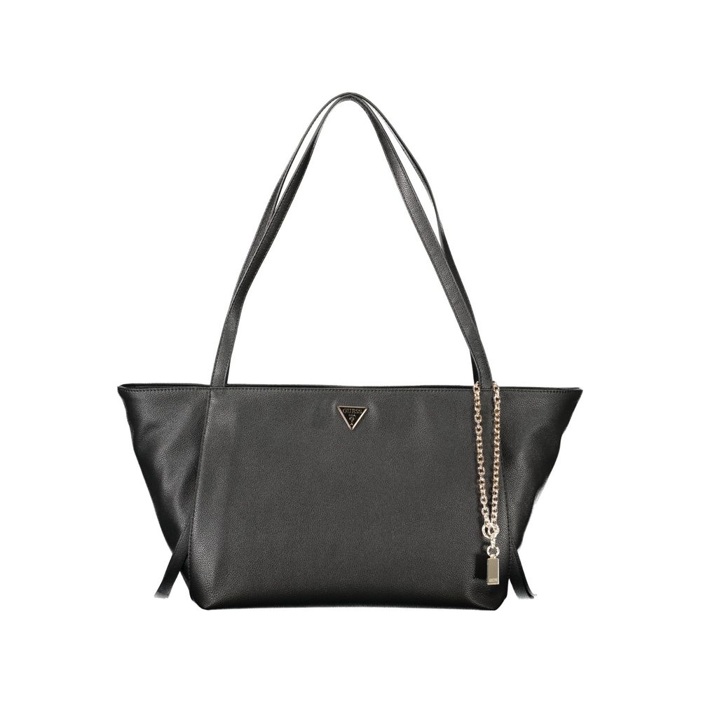 Sac à main noir en polyurethane pour femmes Guess Jeans, design élégant avec logo Guess visible sur le devant.