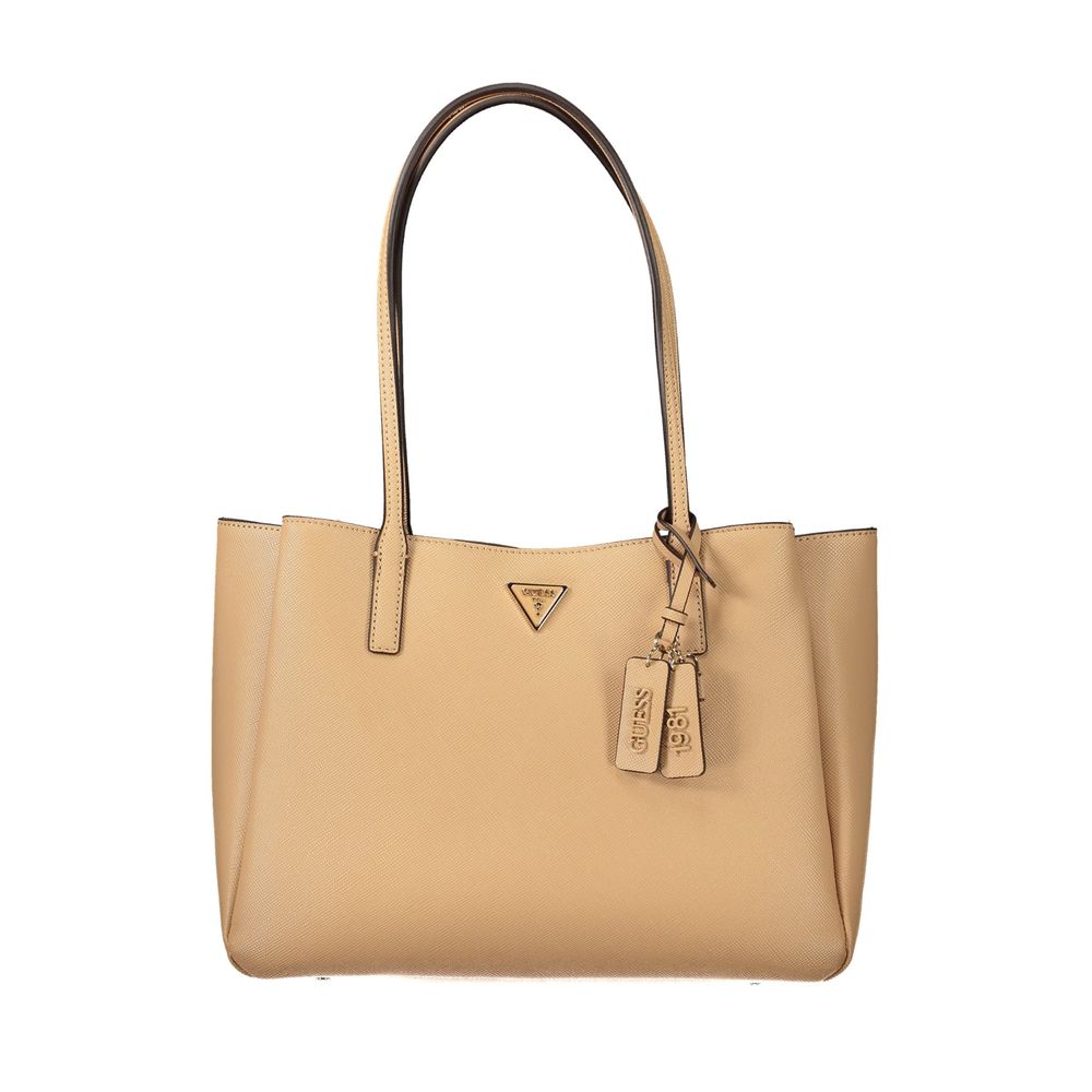 Sac à main Guess Jeans beige en polyuréthane pour femmes, élégant et moderne, avec poignées et fermeture zippée visible.