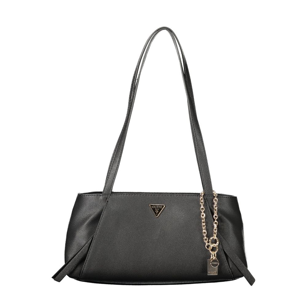 Sac à main noir en polyuréthane Guess Jeans pour femmes, design élégant avec détails modernes et logo de la marque visible.