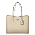 Sac à main Guess Jeans beige en polyuréthane pour femme, avec poignées et poche visible sur l'image.
