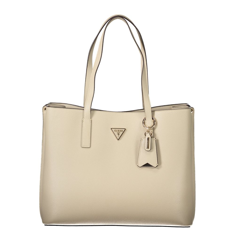 Sac à main Guess Jeans beige en polyuréthane pour femme, avec poignées et poche visible sur l'image.