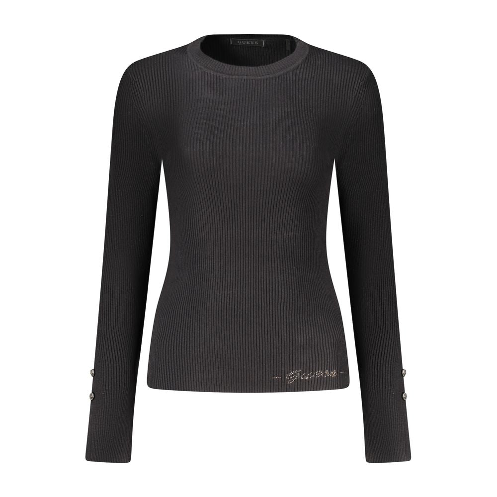 Pull femme noir Guess Jeans en viscose avec col rond et manches longues, style décontracté et confortable.