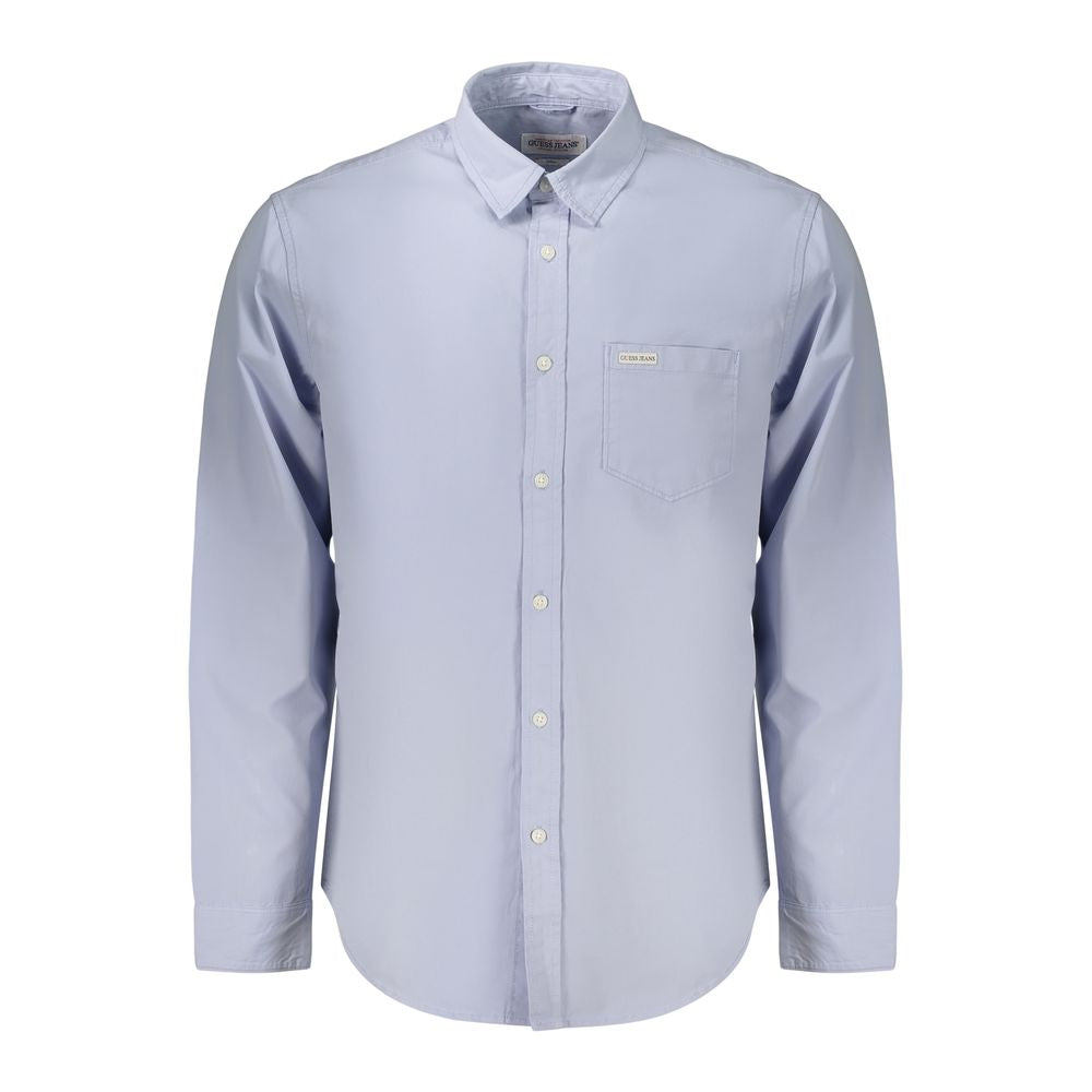 Chemise pour hommes Guess Jeans en coton bleu azur, style décontracté avec col boutonné et manches longues.