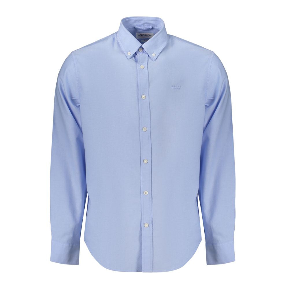 Chemise pour homme Guess Jeans en coton bleu azur, style décontracté avec col classique et manches longues.